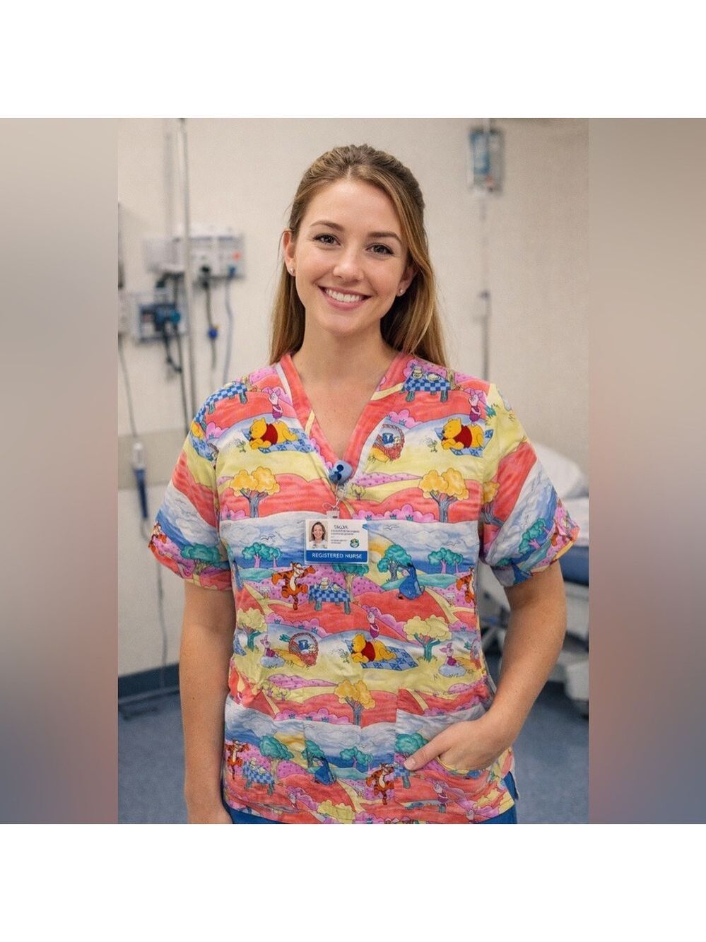Disney Winnie the Pooh Multicolor Short Sleeve Scrub Top Womens